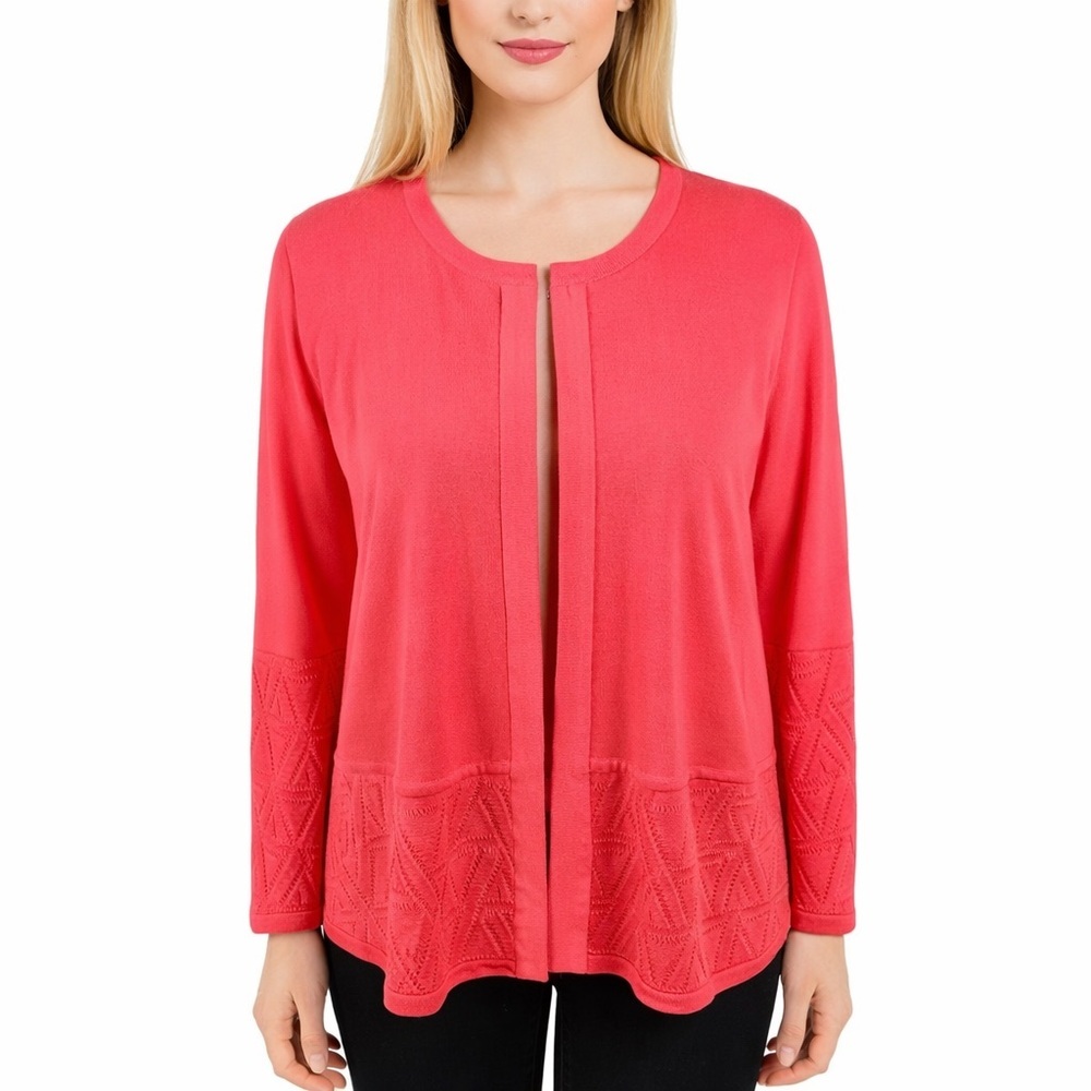 Misook Coral Pink Cardigan Diamond Cut-out Accents Boxy Artsy Chic Size XL